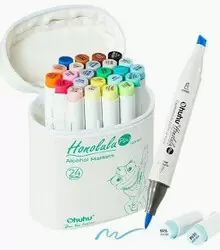 OHUHU HONOLULU PLUS  SET DE 24 MARCADORES DE ALCOHOL DOBLE PUNTA COLORES BÁSICOS + 1 BLENDER (PUNTA BRUSH SUPREME + BISELADA)